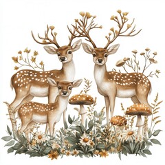 Obraz premium Three deer among flowers and mushrooms in a serene forest setting during autumn