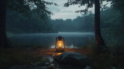 A lone lantern sits by a misty lake. The image can be used for themes of mystery, solitude, and the beauty of nature.