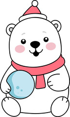 Cute Polar Bear in Santa Hat Holding Snowball Winter Holiday