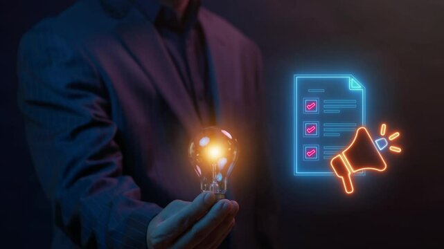 PR Planning icon, Public Relations concept for construction, Investment, business development and Engineering. Businessman shows Megaphone icon with planning document sign on virtual screen.