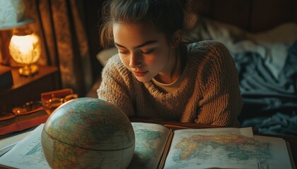 Young woman studying geography with a world globe and an open map.