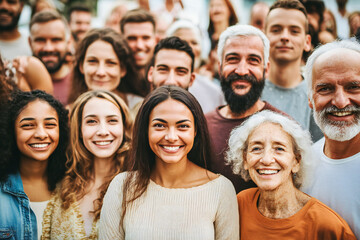 Obraz premium A large group of happy people from different ethnic groups and different generations of people 