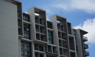 Detailed view of windows, doors and balconies of city buildings 