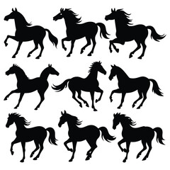 set of nine black horse silhouettes