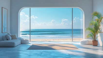 Fototapeta premium A large living room with floor-to-ceiling windows overlooking the beach, featuring a bright and clean interior