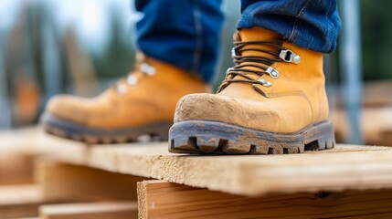Close-up of muddy work boots standing on a wooden plank.