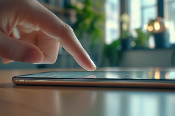 Close up of a man finger tapping on a mobile tablet. Concept of remote working and online education
