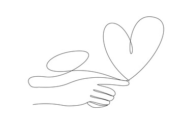 Line Art Hand and Heart Silhouette Icon. One Continuous Line Drawing. Editable Vector Thin Doodle Stroke Sketch. Abstract Human Hand Illustration. Healthy Lifestyle, Care, Support and Help Concept.