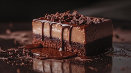 A decadent piece of chocolate cake is drizzled with warm chocolate sauce and topped with grated chocolate. The dessert is presented on a rustic wooden table.