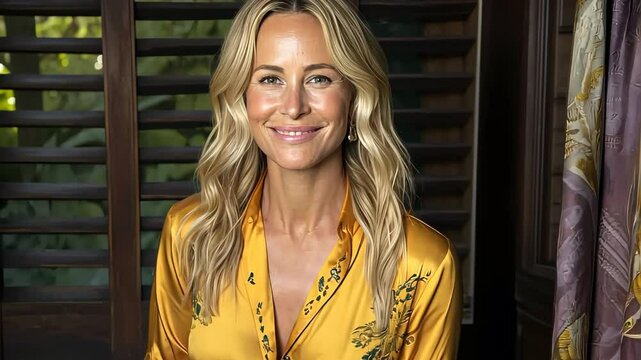 Smiling blonde woman wearing yellow silk blouse posing indoors