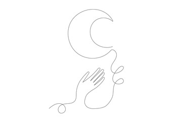 Line Art Hand and Moon Silhouette Icon. One Continuous Line Drawing. Editable Vector Thin Doodle Stroke Sketch. Abstract Human Hand Illustration. Healthy Lifestyle, Care, Support and Help Concept.