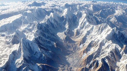 Fototapeta premium A breathtaking aerial view of snow-capped mountains. The peaks rise dramatically towards the sky, with clouds swirling below.