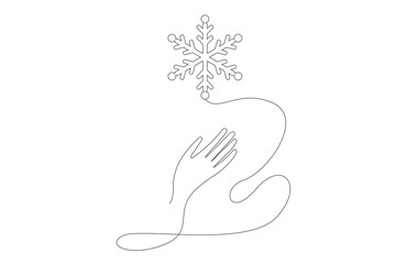 Line Art Hand and Snowflake Silhouette Icon. One Continuous Line Drawing. Editable Vector Thin Doodle Stroke Sketch. Abstract Human Hand Illustration. Healthy Lifestyle, Care, Support and Help Concept