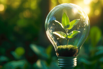 A plant growing in a light bulb, the concept of environmentally friendly and sustainable energy.