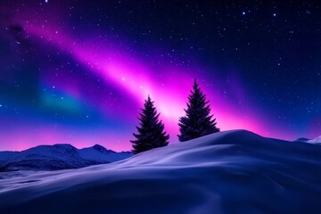 Naklejka premium Nighttime Landscape Shot of Trees Under the Northern Lights