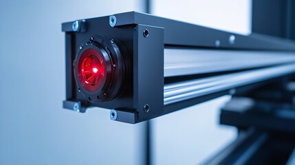 Close-Up of a High-Tech Optical Sensor with a Red Laser