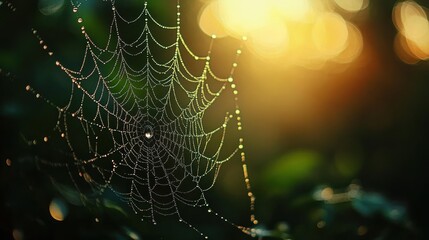 Dew-covered Spider Web at Sunrise