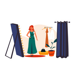 Vector illustration of a fitting room. A woman tries on a dress, and another helps with the selection of clothes in a fashion store. fitting room with mirror, hanger with clothes. vector se