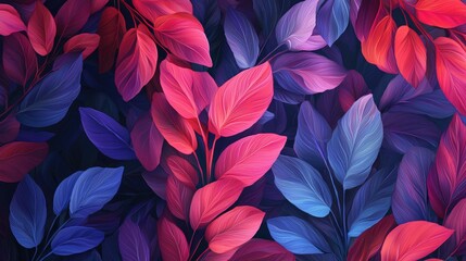 A seamless pattern of vibrant pink and blue leaves on a dark background.