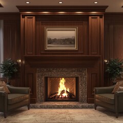 Classic American living room with a vintage fireplace, mid-century decor,