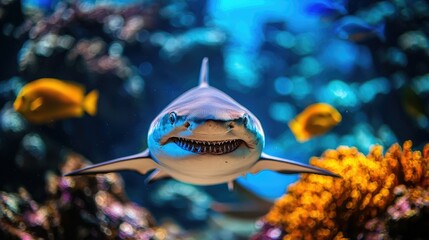A shark swims through a coral reef with yellow fish in the background.