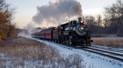 Obraz premium Vintage steam locomotive pulling passenger cars through snowy winter landscape at sunrise with billowing smoke, copy space