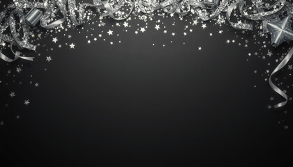 shimmering silver background adorned with sparkling stars and ribbons, perfect for festive occasions and celebrations