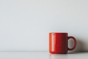 Red speckled mug on white surface. Perfect for minimalist lifestyle, coffee, or beverage product shots.