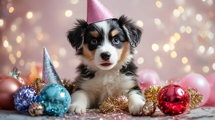 Cute and cuddly puppy dog posing amidst vibrant New Year s sparkling hats party blowers and a soft pastel colored background  Festive and playful holiday mood