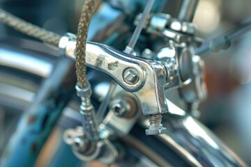 Obraz premium Shiny silver brake lever attached to handlebars of vintage bicycle being repaired in a workshop