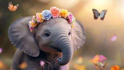 Obraz premium Baby elephant with a rainbow-colored flower crown, sitting among brightly colored flowers and butterflies.