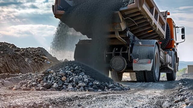 The immense weight of a dump truck its bed lifted high as it unloads a load of gravel onto the ground.