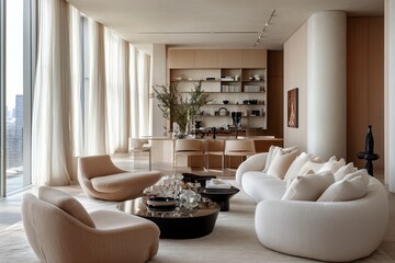 Fototapeta premium Modern apartment interior in light colors with soft furniture shapes .generative ai