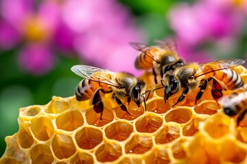Close-up view of honeybees on a honeycomb.
