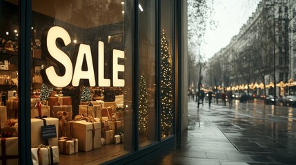 Window display of a shop with Christmas decorations, glowing "Sale" text on glass, warm lights inside showcasing gifts, Photorealistic