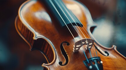 Fototapeta premium Classical violin with rich wood grain texture and f-holes in dramatic low-key lighting with shallow depth of field, copy space