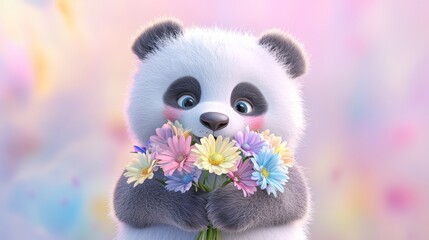 Fototapeta premium Cartoon panda holding a bunch of bright, colorful daisies and lilies, with a soft pastel background.