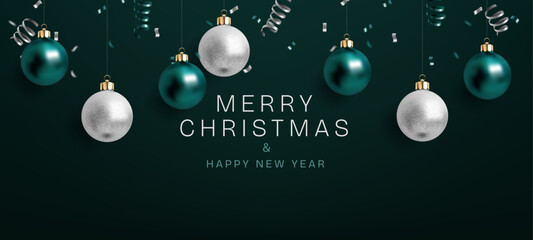 Merry Christmas and happy new year banner. Green and silver color glass sphere toys. Snowflakes shining. Confetti falling. Abstract background ideal for cards, posters, and celebrations. Not AI.