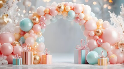 A 3D-rendered pastel balloon arch,adorned with tiny gifts and New Year's a joyful,celebratory atmosphere for a memorable holiday event or party.