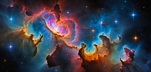 brilliant bright grand nebulae in the deep space with glowing stars 	
