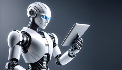 A humanoid AI robot holding a tablet, looking as if it's analyzing data