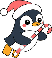 Cute Penguin with Candy Cane Christmas Bird Holiday Illustration