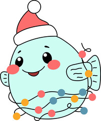 Cute Christmas Pufferfish Cartoon Illustration Holiday Fish Design