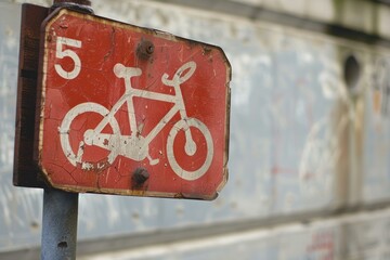 Old red and white bicycle parking sign with the paint peeling off