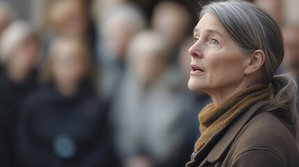 Mature woman looking up, hopeful expression, crowd background.