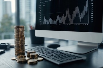 Coins are piled on a desk next to a keyboard