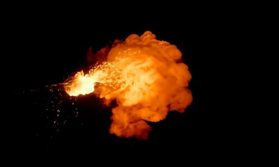 Explosive fireball and gunfire effects on black background