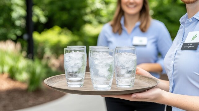 Mansion staff serving refreshing water glasses at a sunny summer outdoor event with vibrant greenery