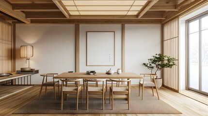 Minimalist Japanese Inspired Dining Room with Wooden Furniture and Clean Interior Design