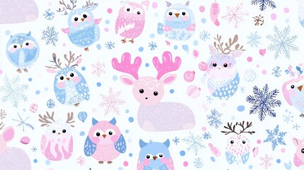 Obraz premium Festive Nordic pattern in pastel colors with stylized moose, owls, and snowflakes.